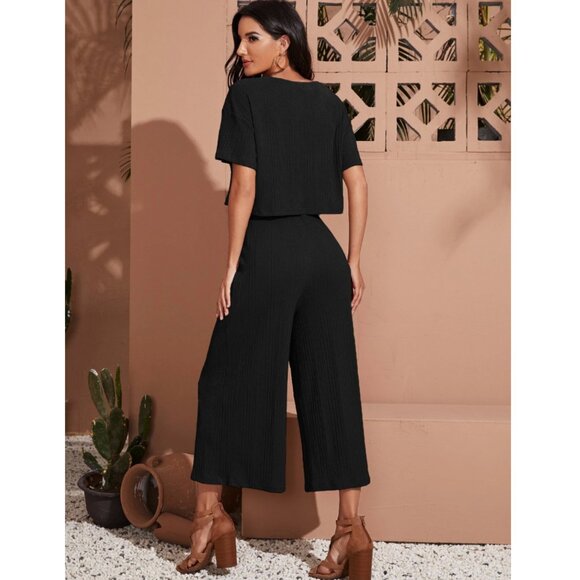 Black Drop Shoulder Crop Tee & Wide Leg Pants Set - Picture 4 of 5